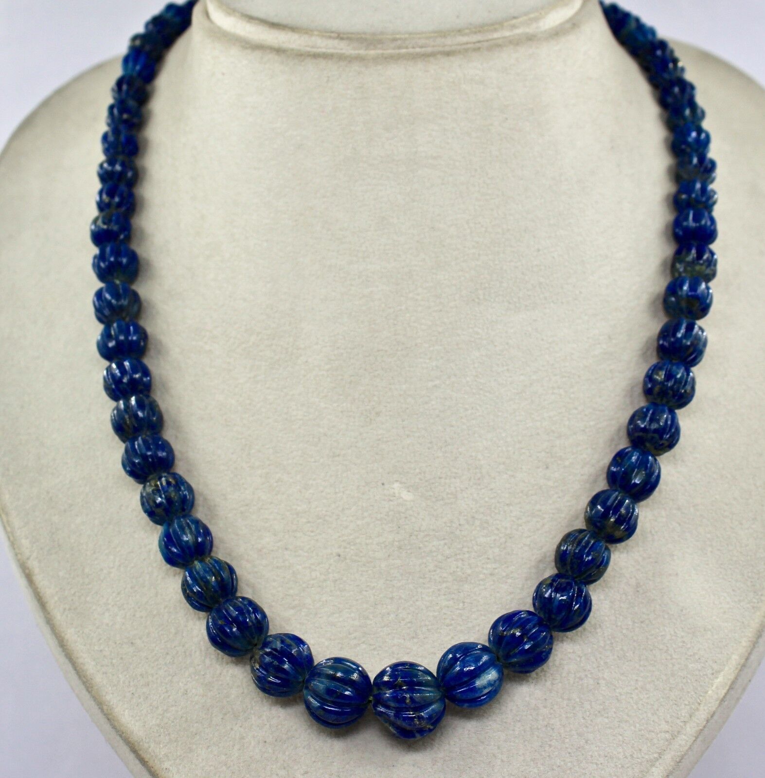 NATURAL BLUE LAPIS LAZULI BEADS CARVED ROUND 1 LINE 390 CTS GEMSTONE NECKLACE
