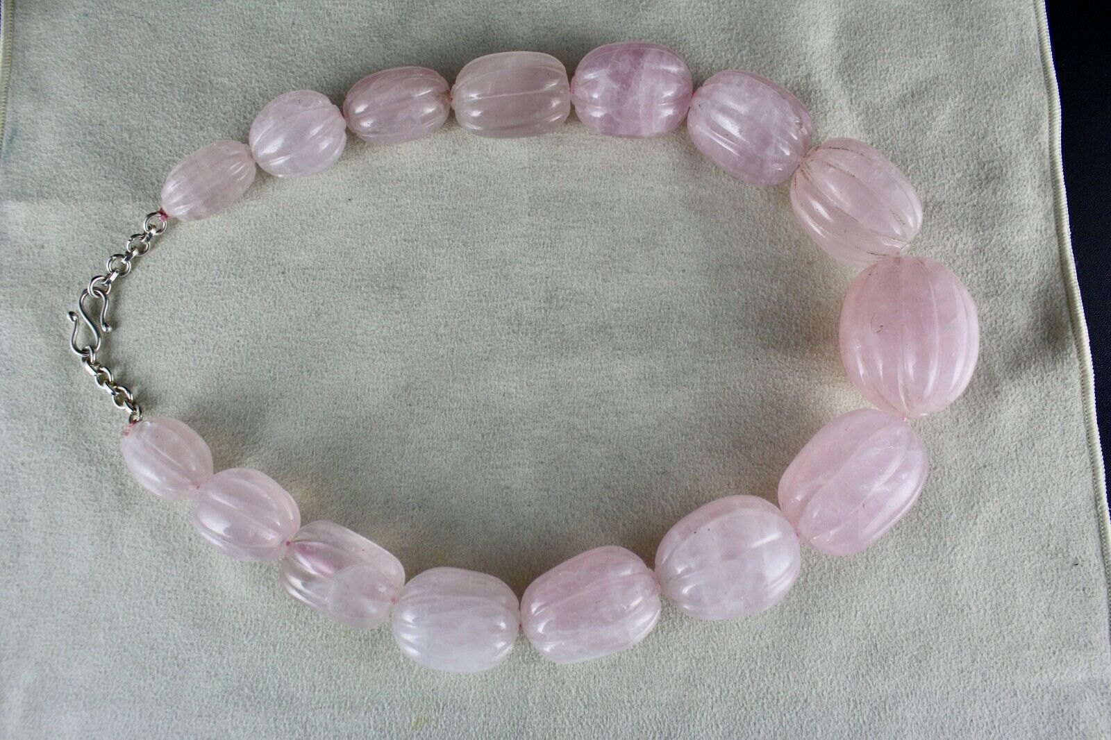 Rose Quartz Carved Beaded Necklace 1 L 1955 Carats Natural Gemstone Silver Clasp