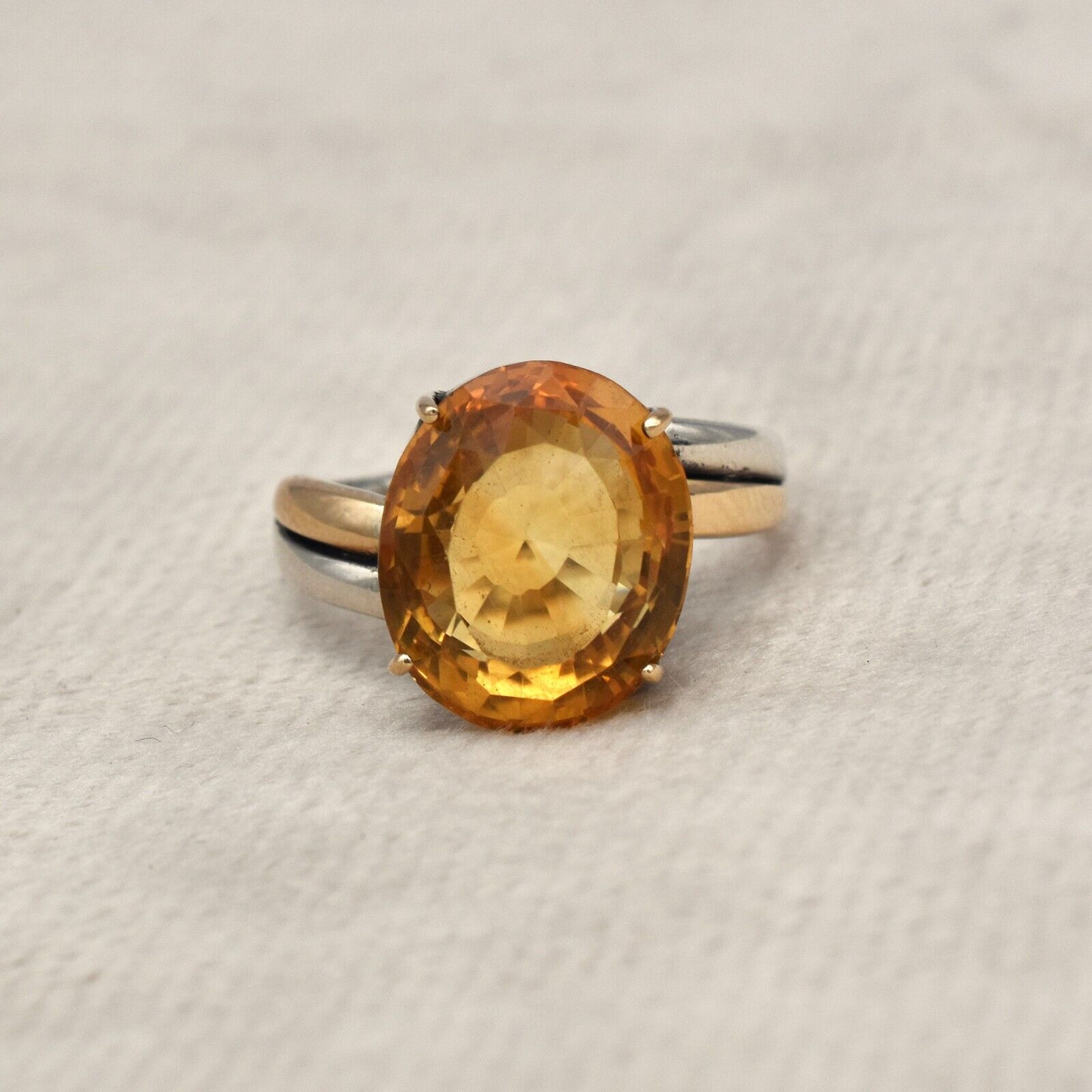Vintage Yellow Citrine Ring 18k Gold 925 Silver Women Men November Birthstone