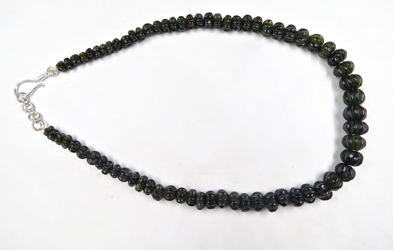 NATURAL BLACK TOURMALINE BEADS CARVED MELON 285 CARATS GEMSTONE SILVER NECKLACE