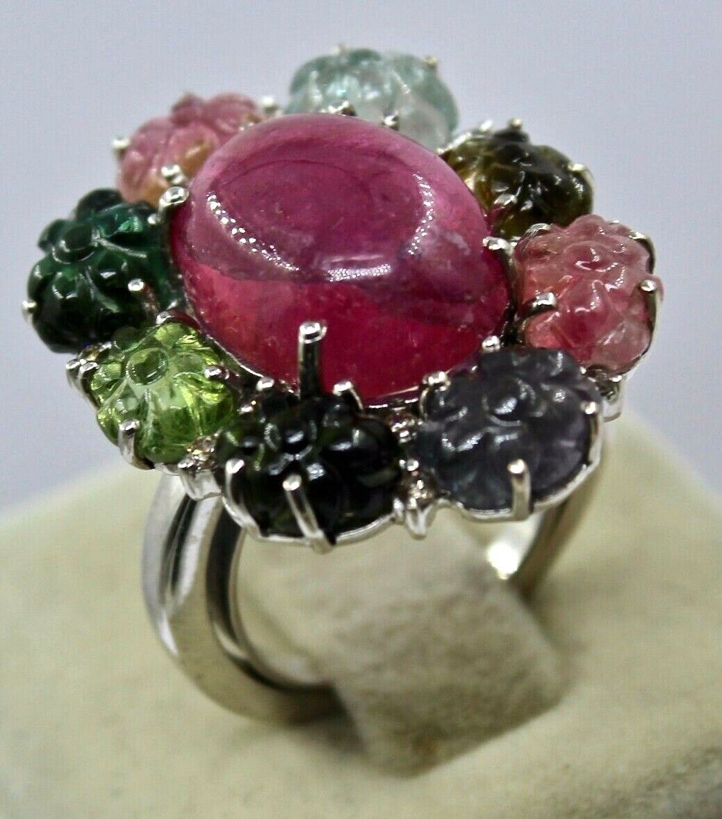 MULTI COLOR TOURMALINE CARVED FLOWER DIAMOND RING IN 925 STERLING SILVER