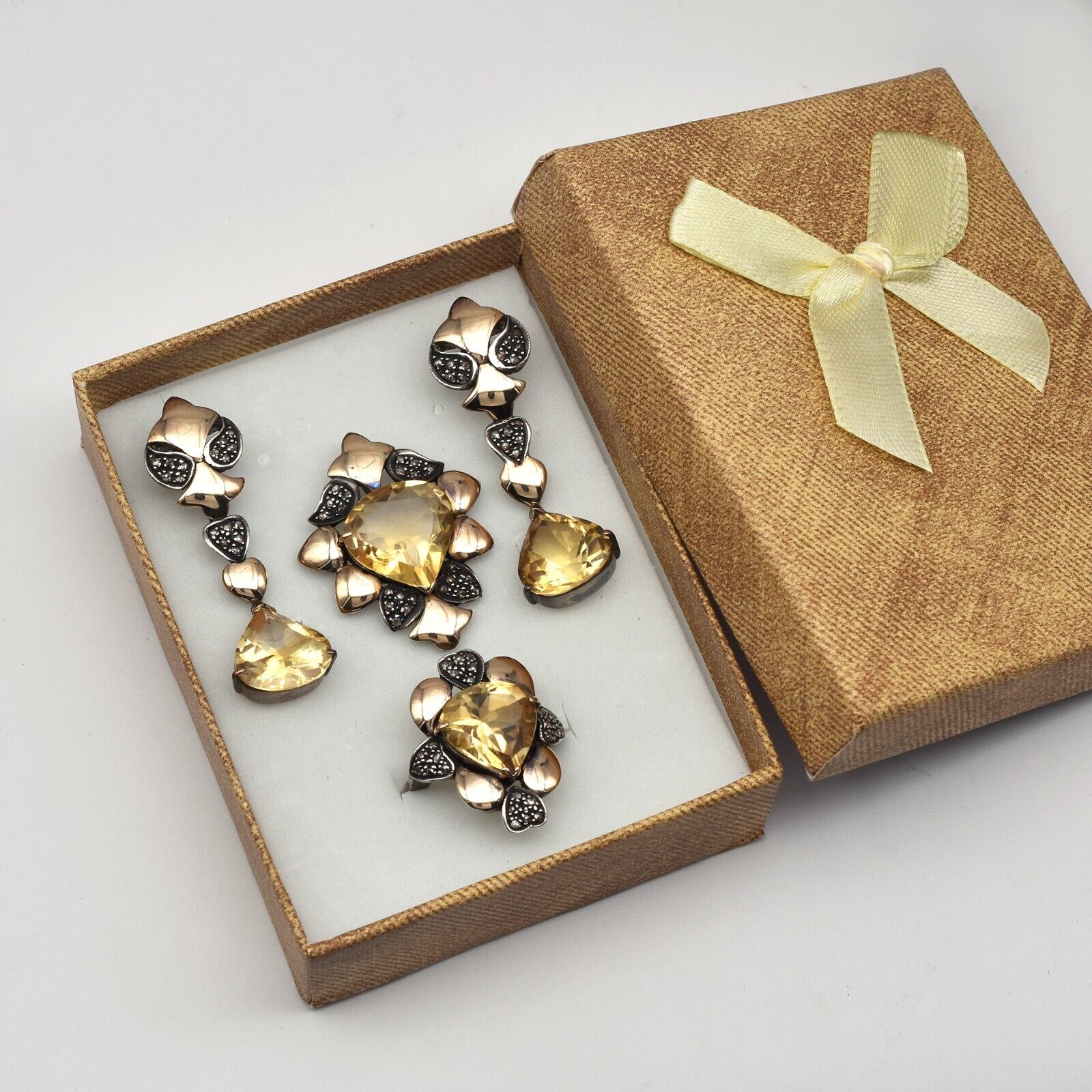 Natural Yellow Citrine Diamond 18K Gold 925 Silver Victorian Earring Pendant Set