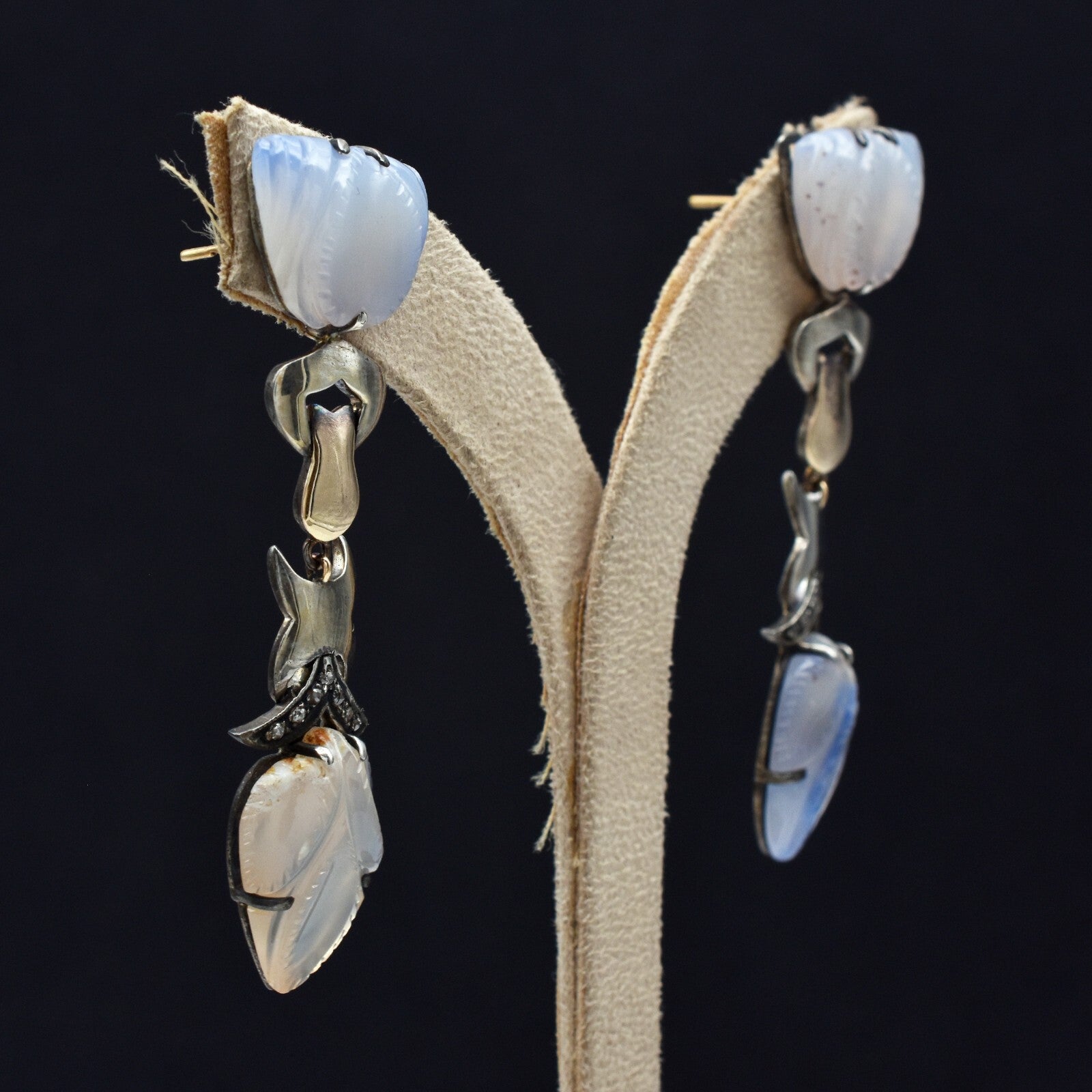 Vintage Natural Blue Chalcedony Diamond 10ct 18k Gold Sterling Silver Earrings