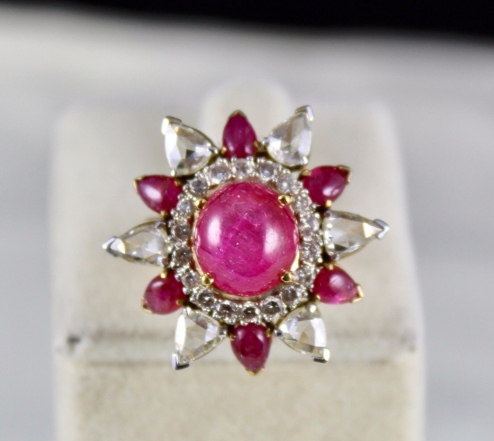 Natural Ruby Cabochon Rose Cut Diamond 18K Yellow Gold Unique Cocktail Ring
