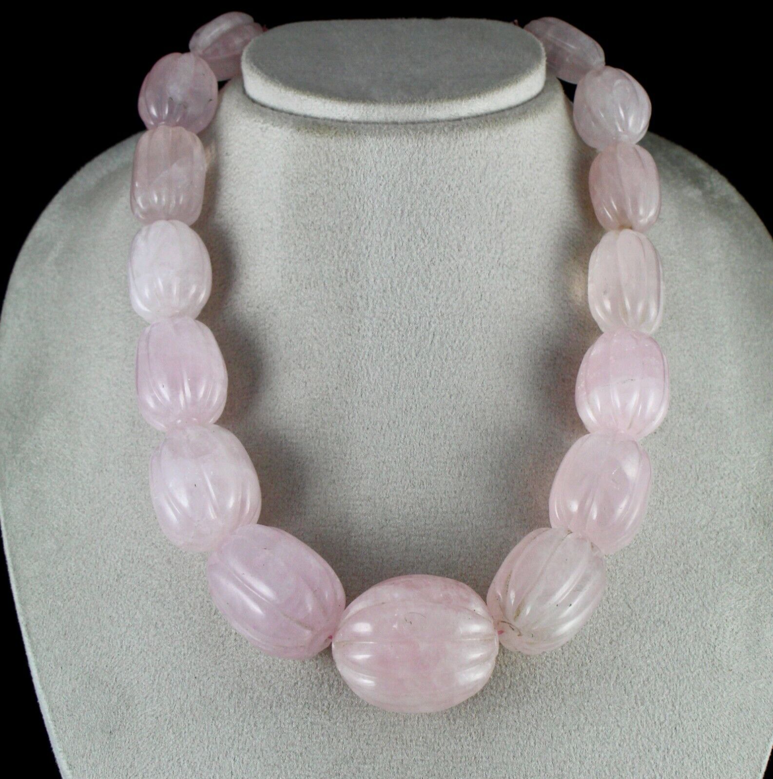 Rose Quartz Carved Beaded Necklace 1 L 1955 Carats Natural Gemstone Silver Clasp