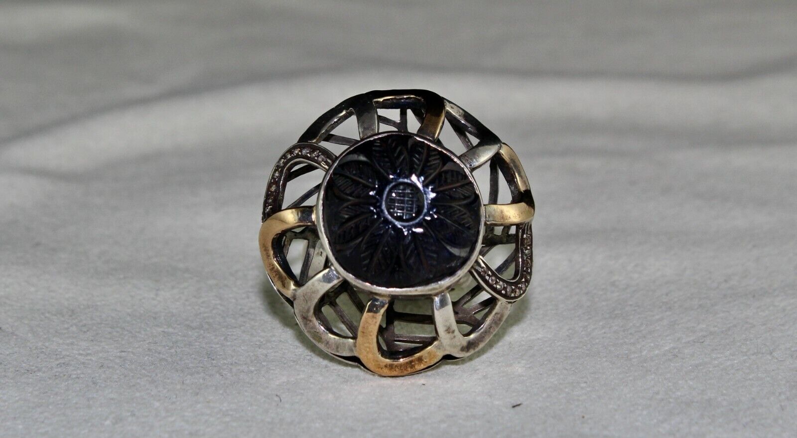NATURAL IOLITE ROUND CARVED DIAMOND 18K GOLD SILVER VICTORIAN BIG COCKTAIL RING