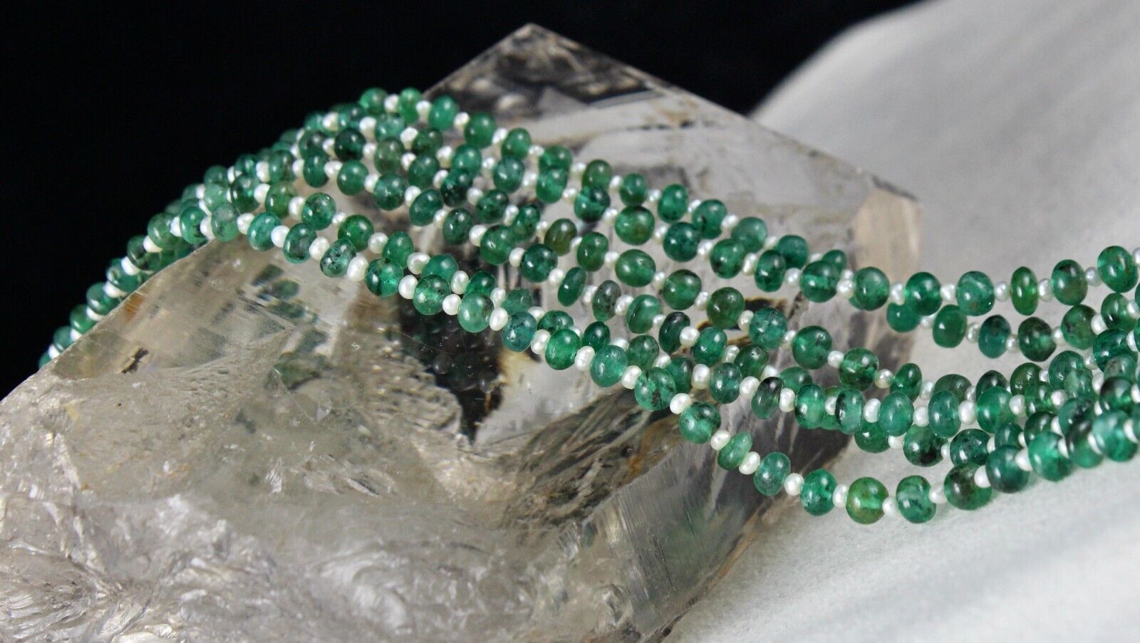 NATURAL ZAMBIA EMERALD PEARL BEADED ROUND 3 LINE 147 CARATS GEMSTONE NECKLACE