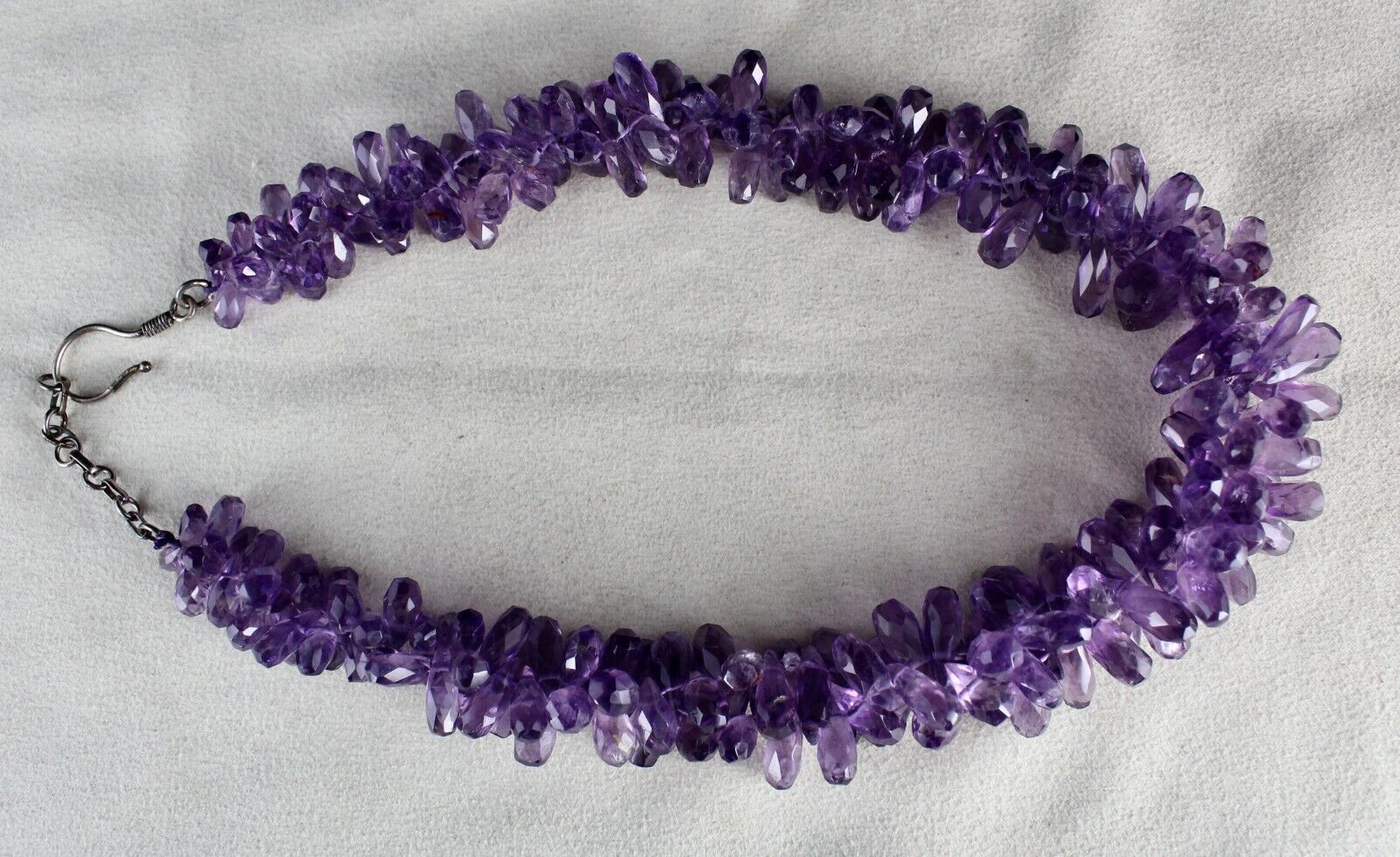 NATURAL AMETHYST TEAR DROPS BEADS 2 LINE 718 CARATS GEMSTONE SILVER NECKLACE