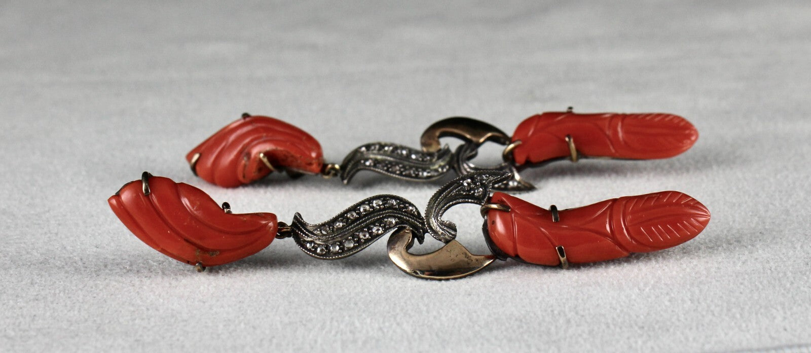 Estate Red Coral 10ct Natural Diamond 18k Gold 925 Sterling Silver Earrings