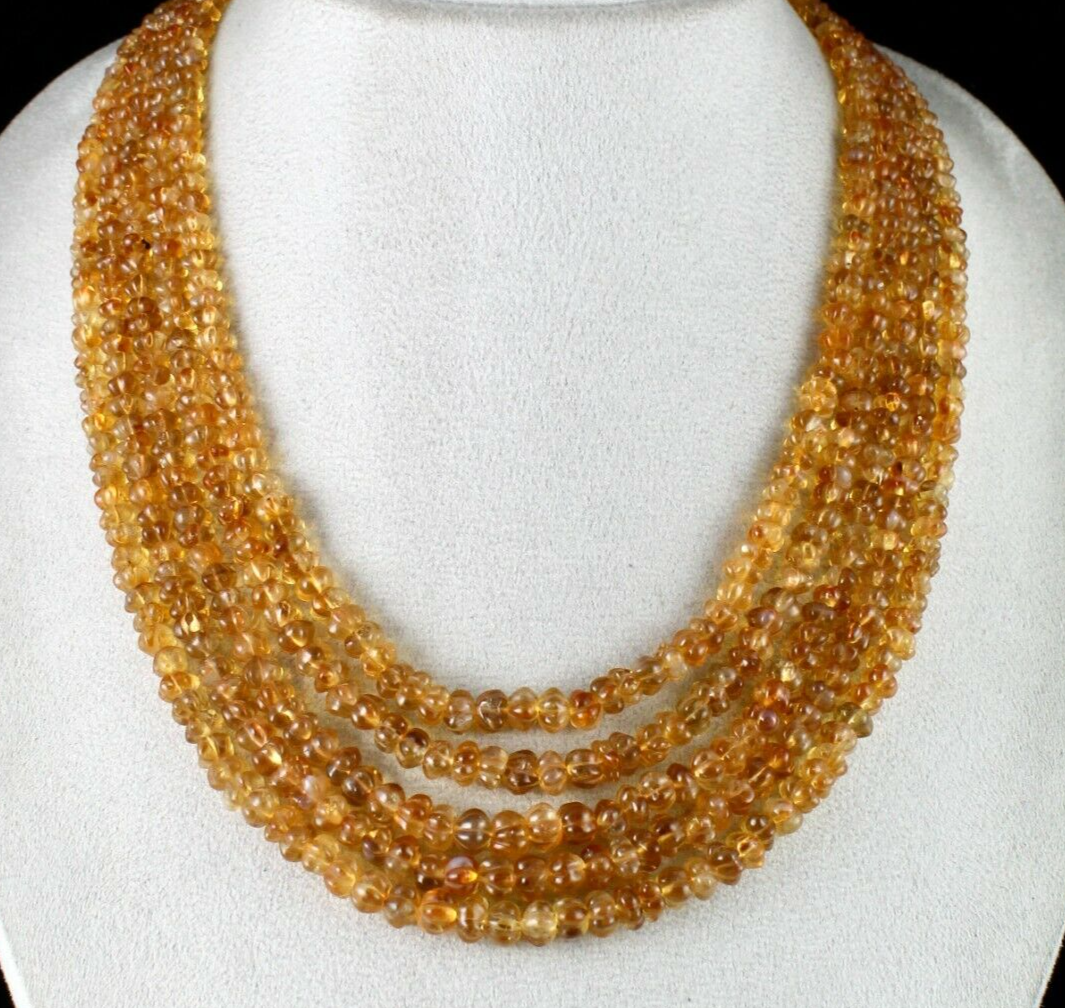 Certified Natural Yellow Citrine 675 Ct Carved Melon Gemstone Necklace