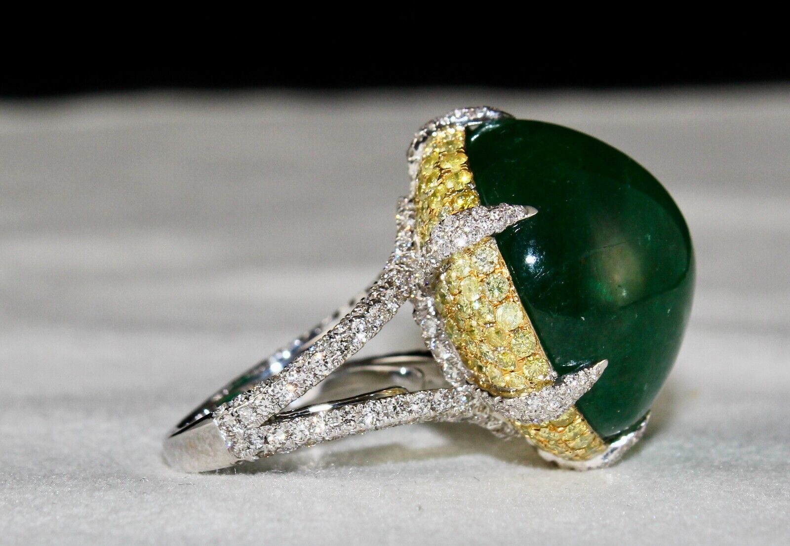 Natural Zambian Emerald Cabochon Yellow Diamond 18K Gold Gemstone Statement Ring