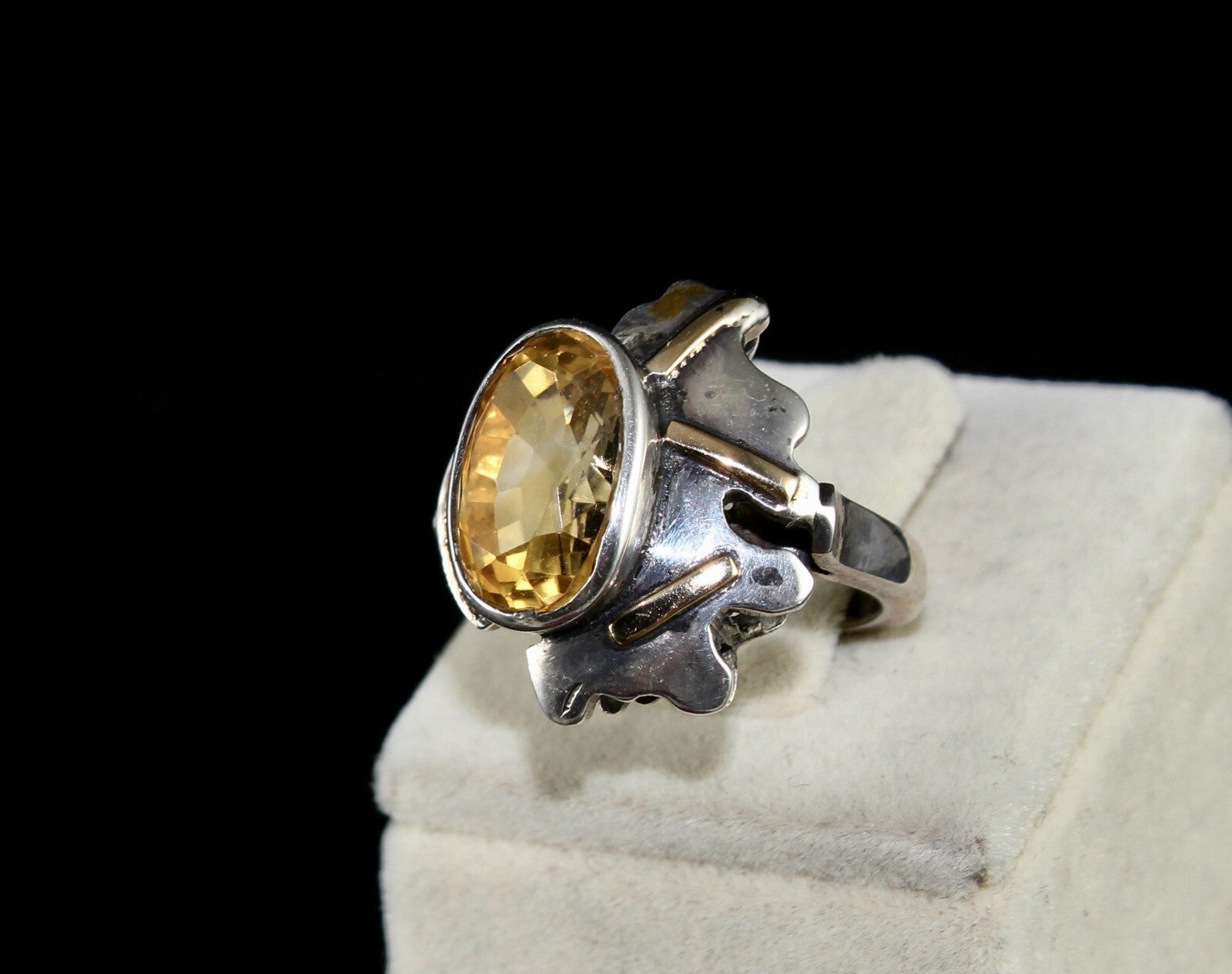Vintage Natural Yellow Citrine 10ct Natural Diamond 18k Gold Silver Ring