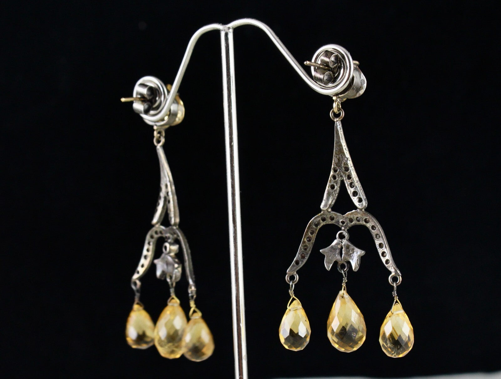 Certified Natural Citrine 10ct Drops Diamond Sterling Silver Victorian Earrings