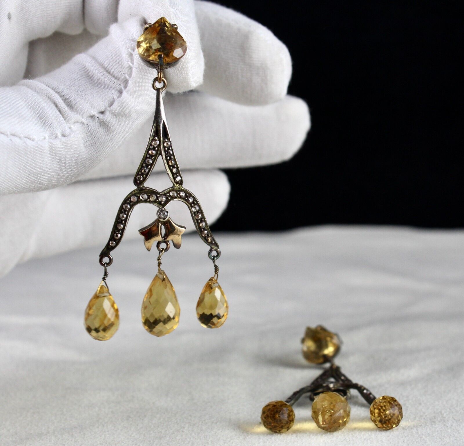 NATURAL CITRINE CUT DROPS DIAMOND 18K GOLD & 925 SILVER VICTORIAN ESTATE EARRING
