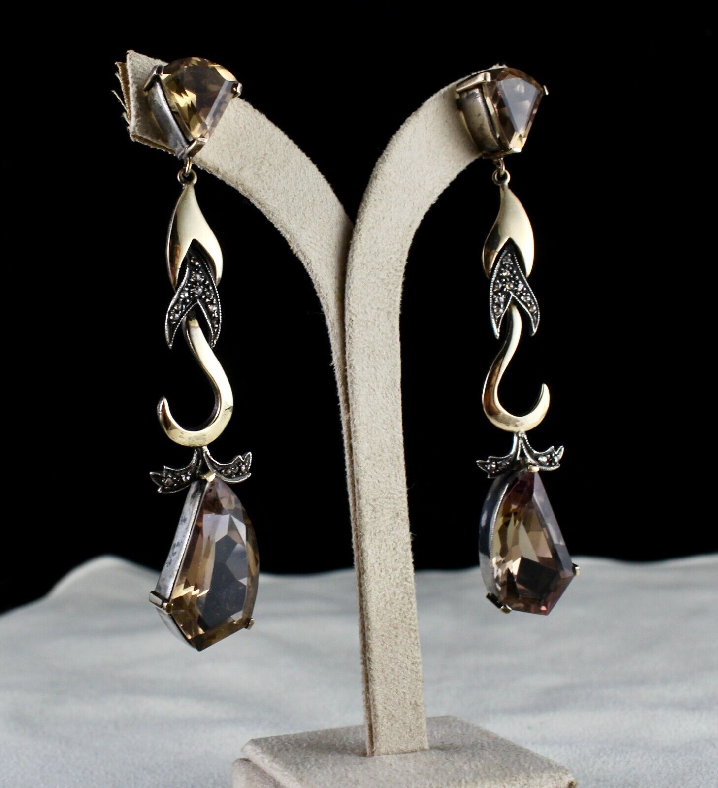 Natural Ametrine Cut 18K Gold Diamond & 925 Silver Victorian Statement Earring