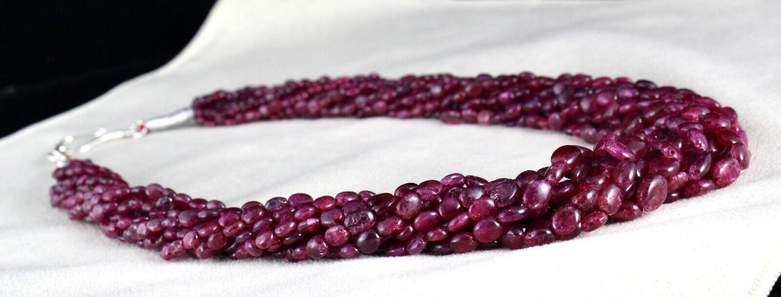 RUBY CORUNDUM BEADS LONG 11 LINE 850 CARATS OLD DYED GEMSTONE SILVER NECKLACE