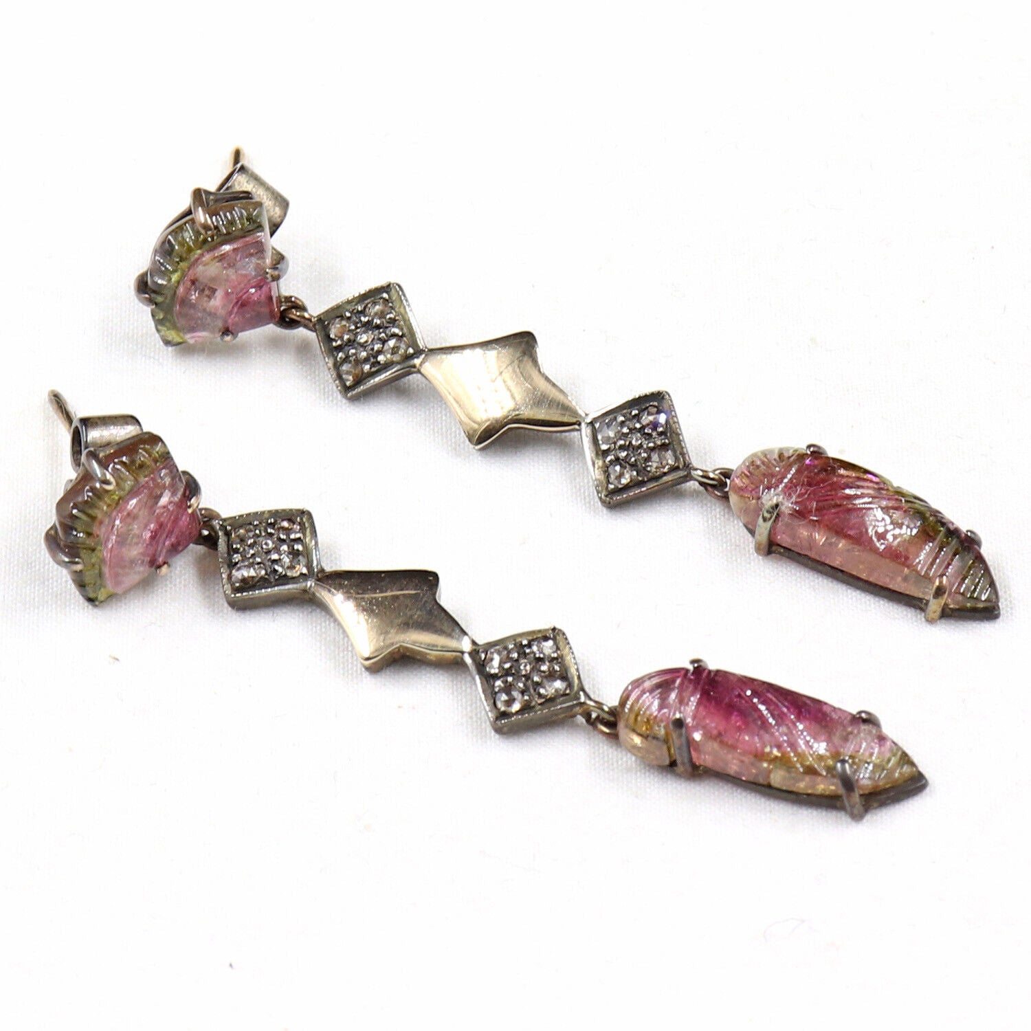 Estate Natural Multi Tourmaline Carved Diamond 18K Gold Silver Victorian Earring