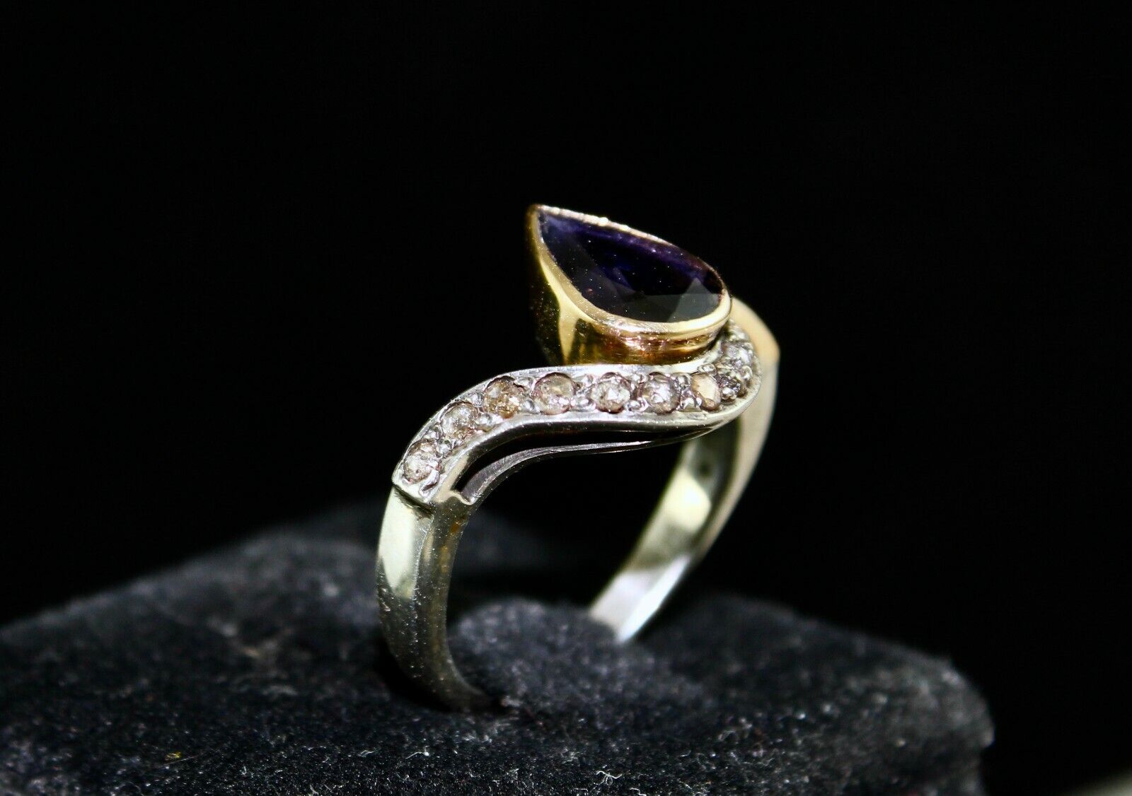 OLD NATURAL BLUE IOLITE PEAR CUT DIAMOND 18K GOLD SILVER VICTORIAN WOMEN RING