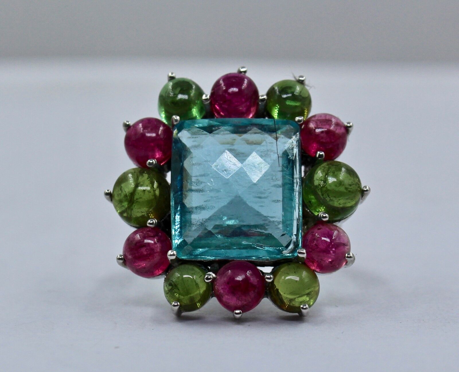 NATURAL AQUAMARINE SQUARE CUT MULTI TOURMALINE CABOCHON LADIES RING IN SILVER