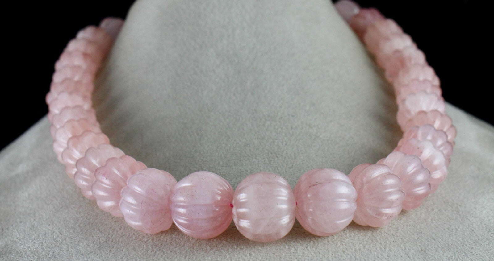 Natural Rose Quartz Melon Carved Beads Necklace 1185ct Gemstone Sterling Silver