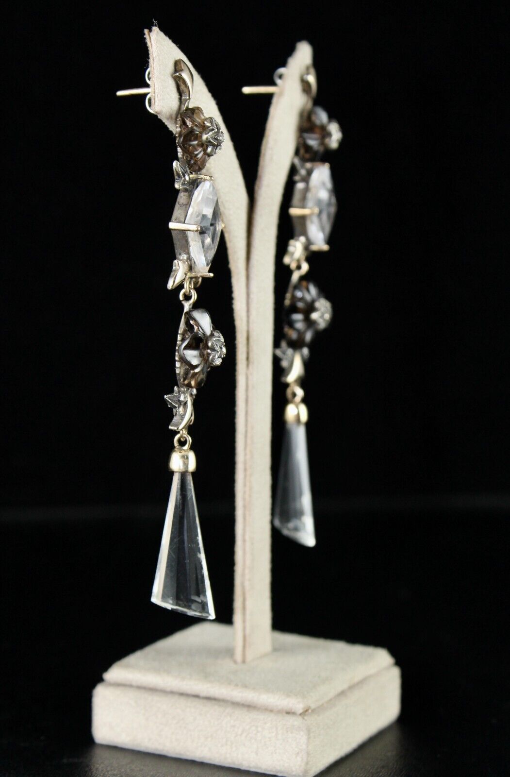 NATURAL SMOKY CRYSTAL QUARTZ CUT STONE DIAMOND 18K GOLD VICTORIAN SILVER EARRING