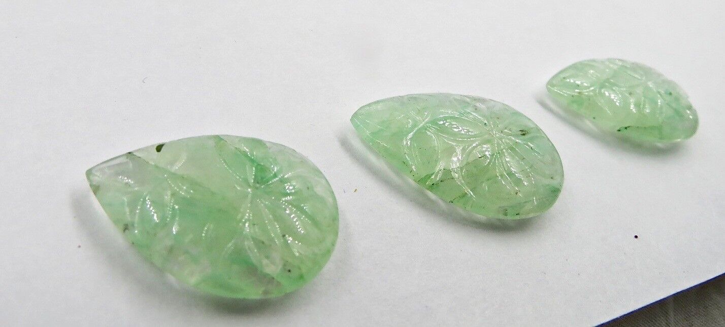 NATURAL GREEN COLOR EMERALD QUARTZ CARVED PEAR 3 PCS 67.85 CTS GEMSTONE