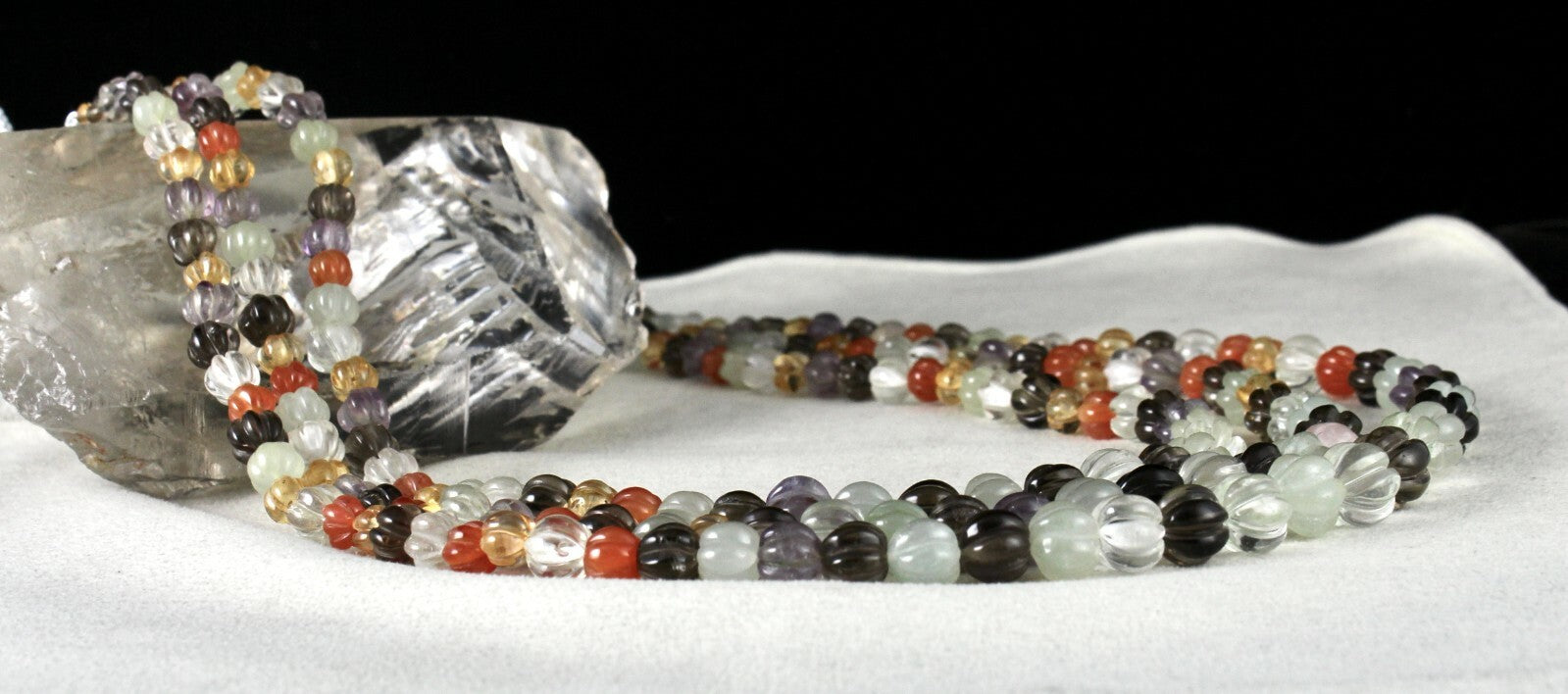 Classic Multi Natural Semi Precious 588 Ct Carved Melon Beaded Necklace 3 Line