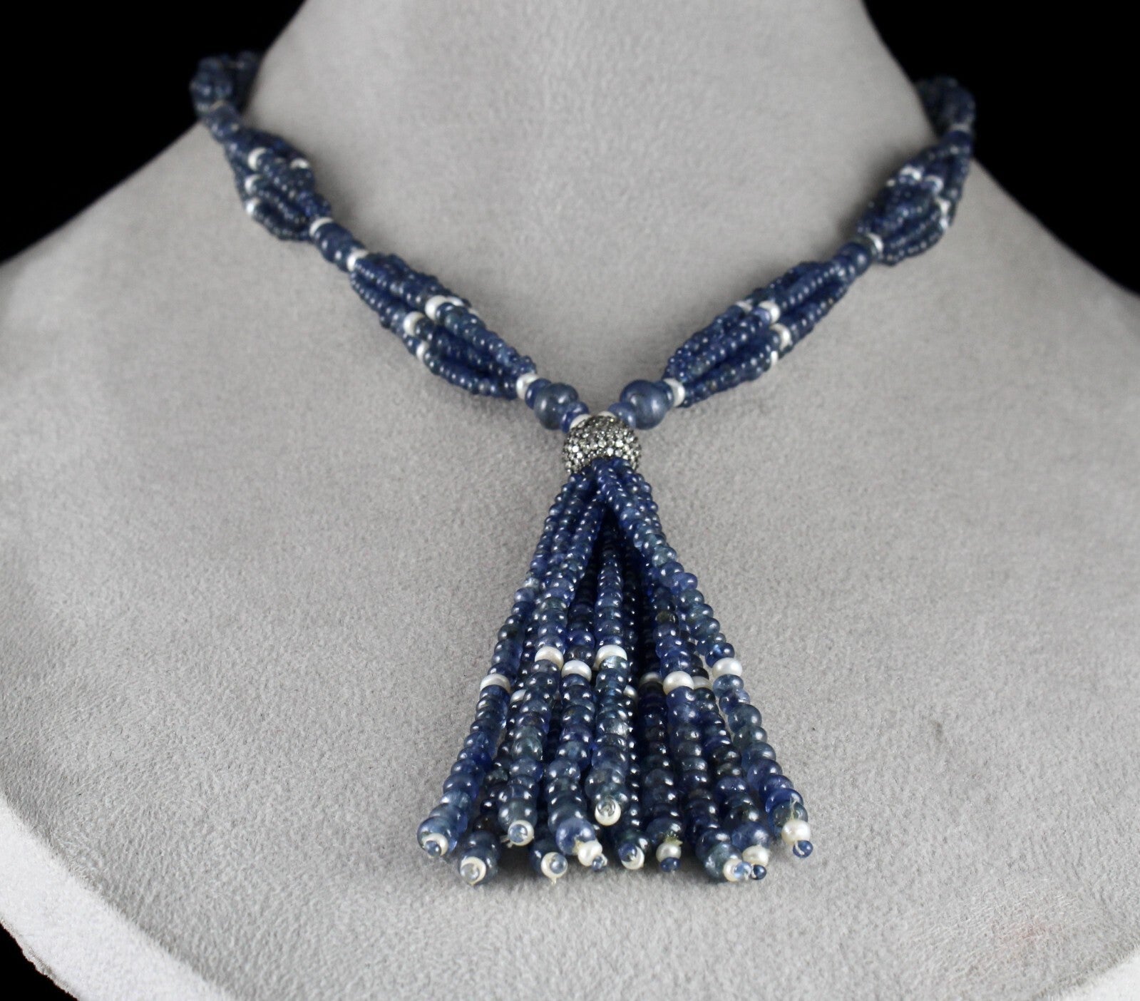 Certified Natural Blue Sapphire 398 Ct Pearl Beads Sterling Silver Necklace