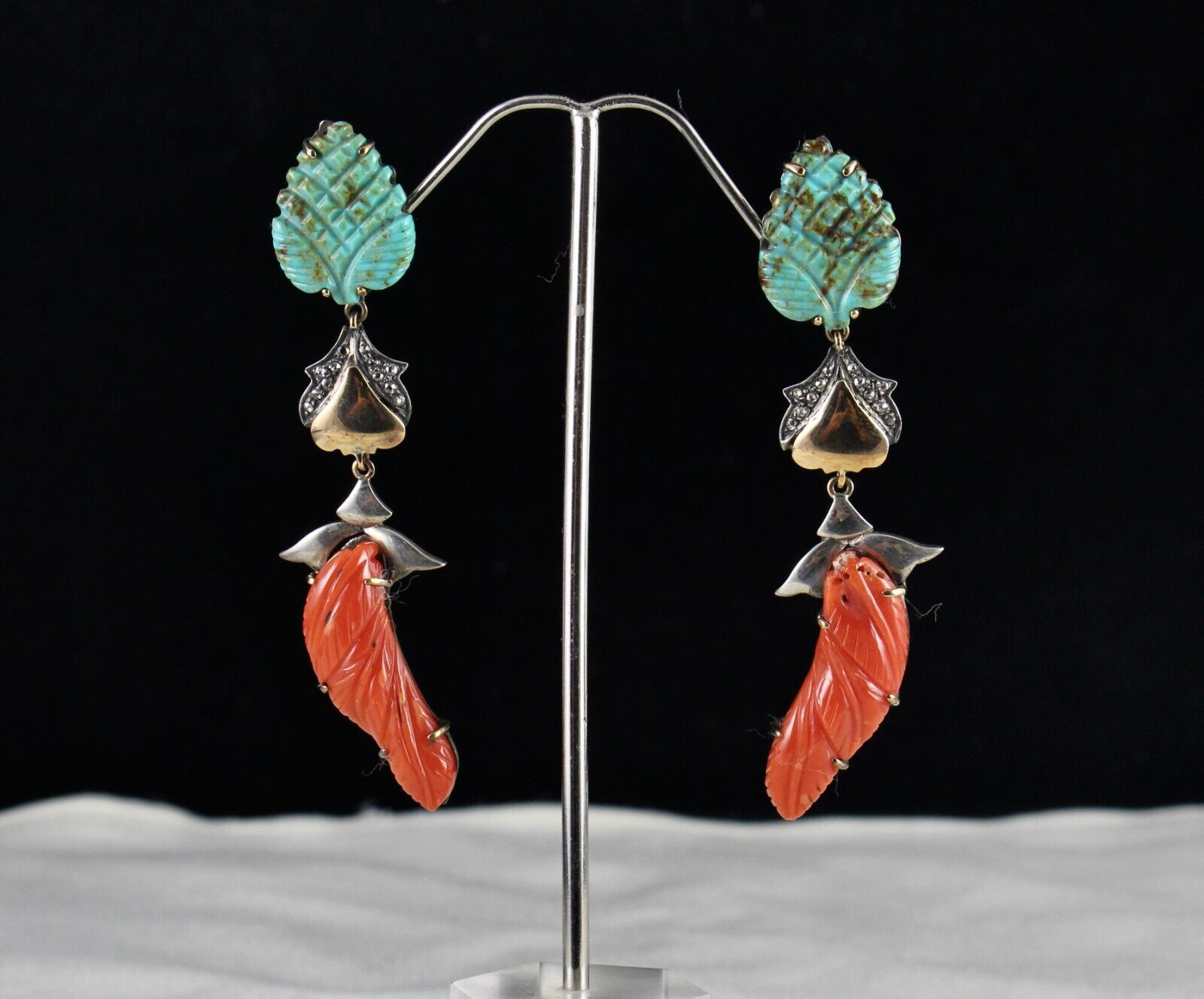 NATURAL TURQUOISE CORAL CARVED DIAMOND 18K GOLD 925 SILVER VICTORIAN EARRING