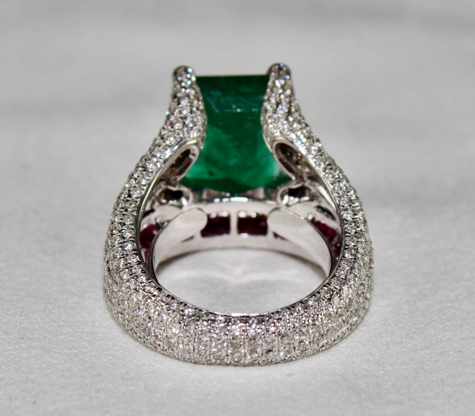Zambia Emerald Octagon Ruby Cut Diamond Cocktail Ring, 18K Gold Statement Ring