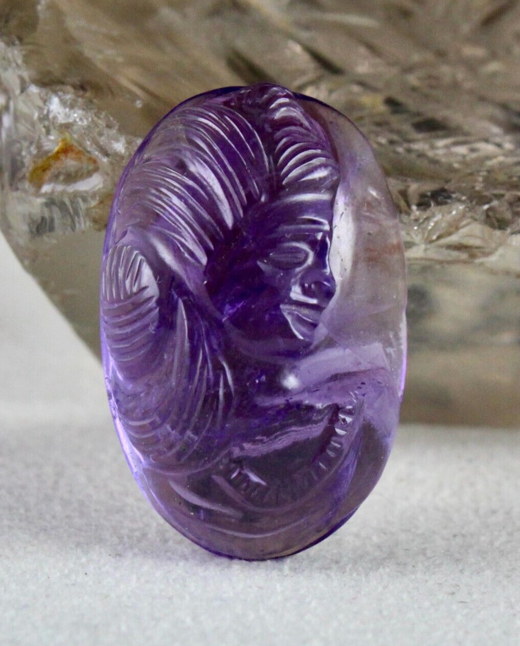 Natural Amethyst Engraved Face Cab Gemstone Pendant 28x18mm 42.11 Ct Designing