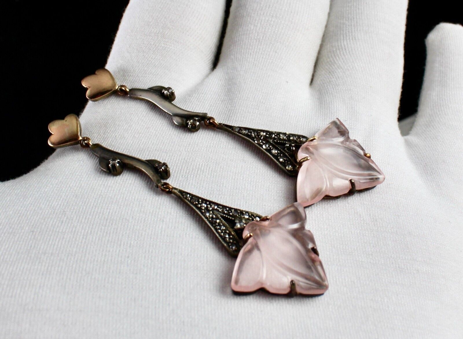NATURAL ROSE QUARTZ CARVED LEAF DIAMOND 18K GOLD 925 SILVER VICTORIAN EARRING