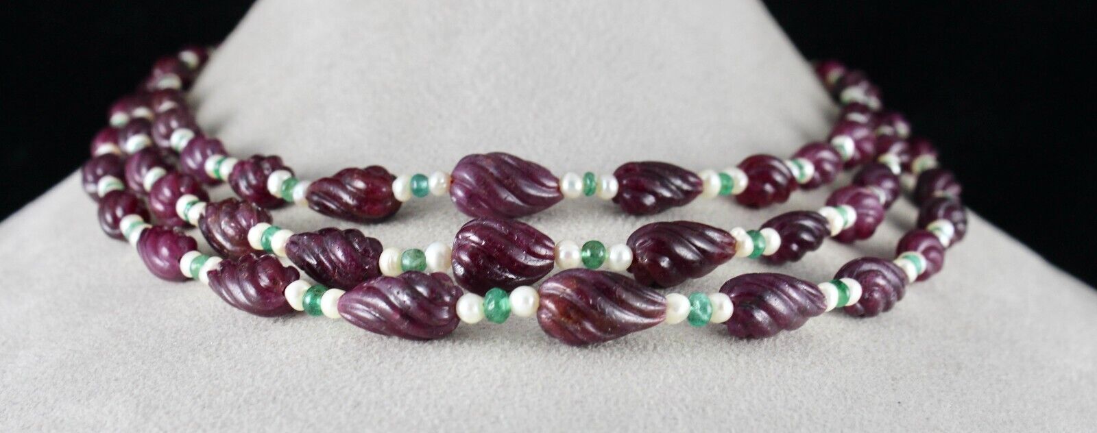 NATURAL RUBY BEADS CARVED TEAR DROPS 3 L 525 CTS EMERALD PEARL GEMSTONE NECKLACE