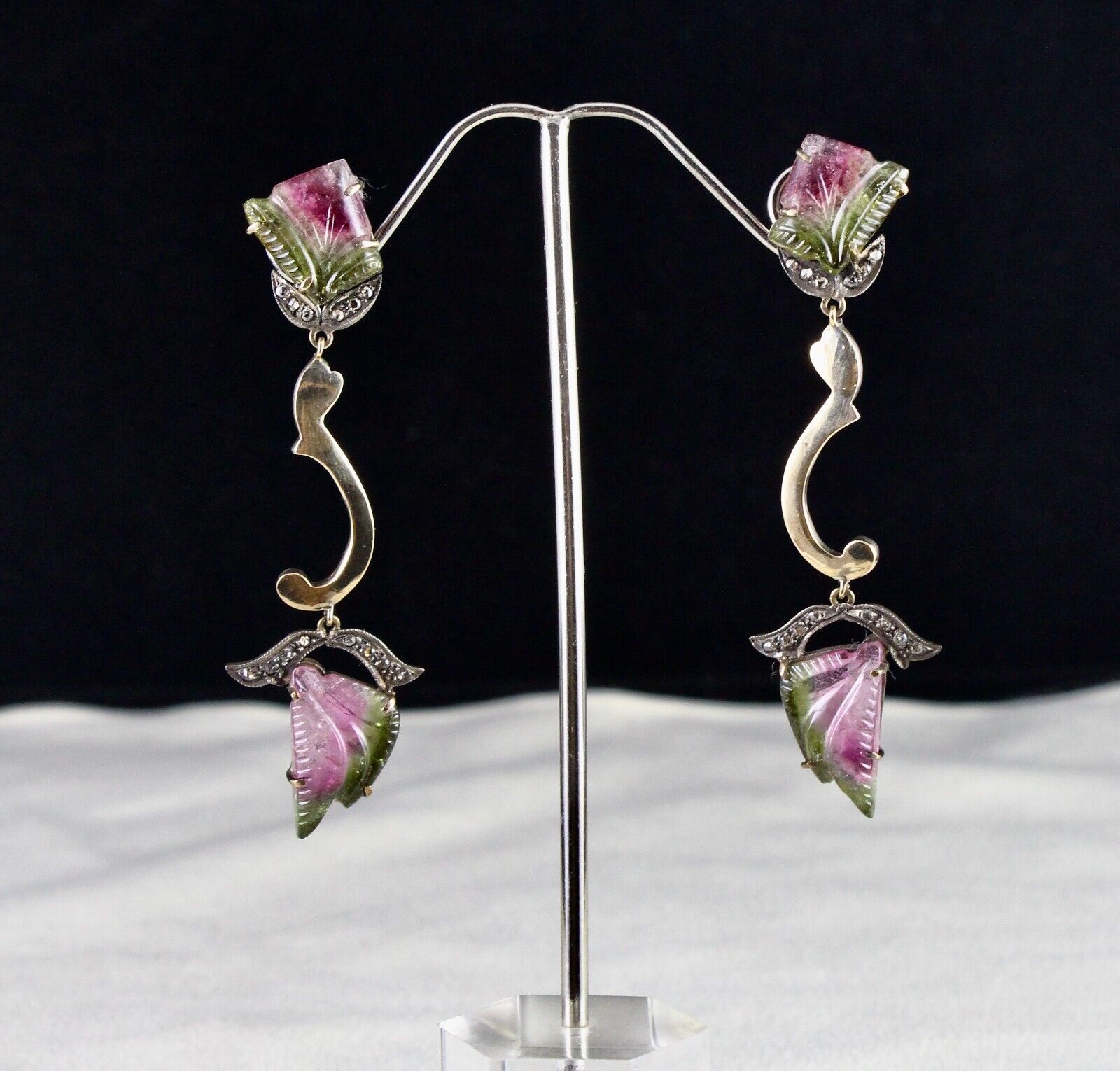NATURAL MULTI TOURMALINE GEMSTONE DIAMOND 18K GOLD 925 SILVER VICTORIAN EARRING