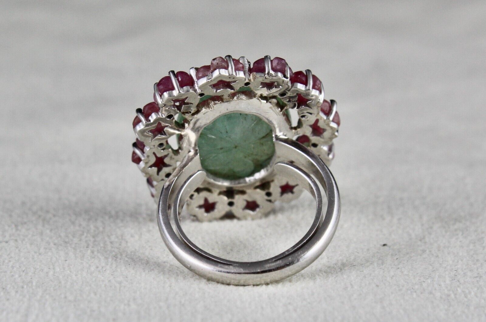 Antique Natural Emerald Ruby Carved Gemstone Diamond Silver Big Cocktail Ring