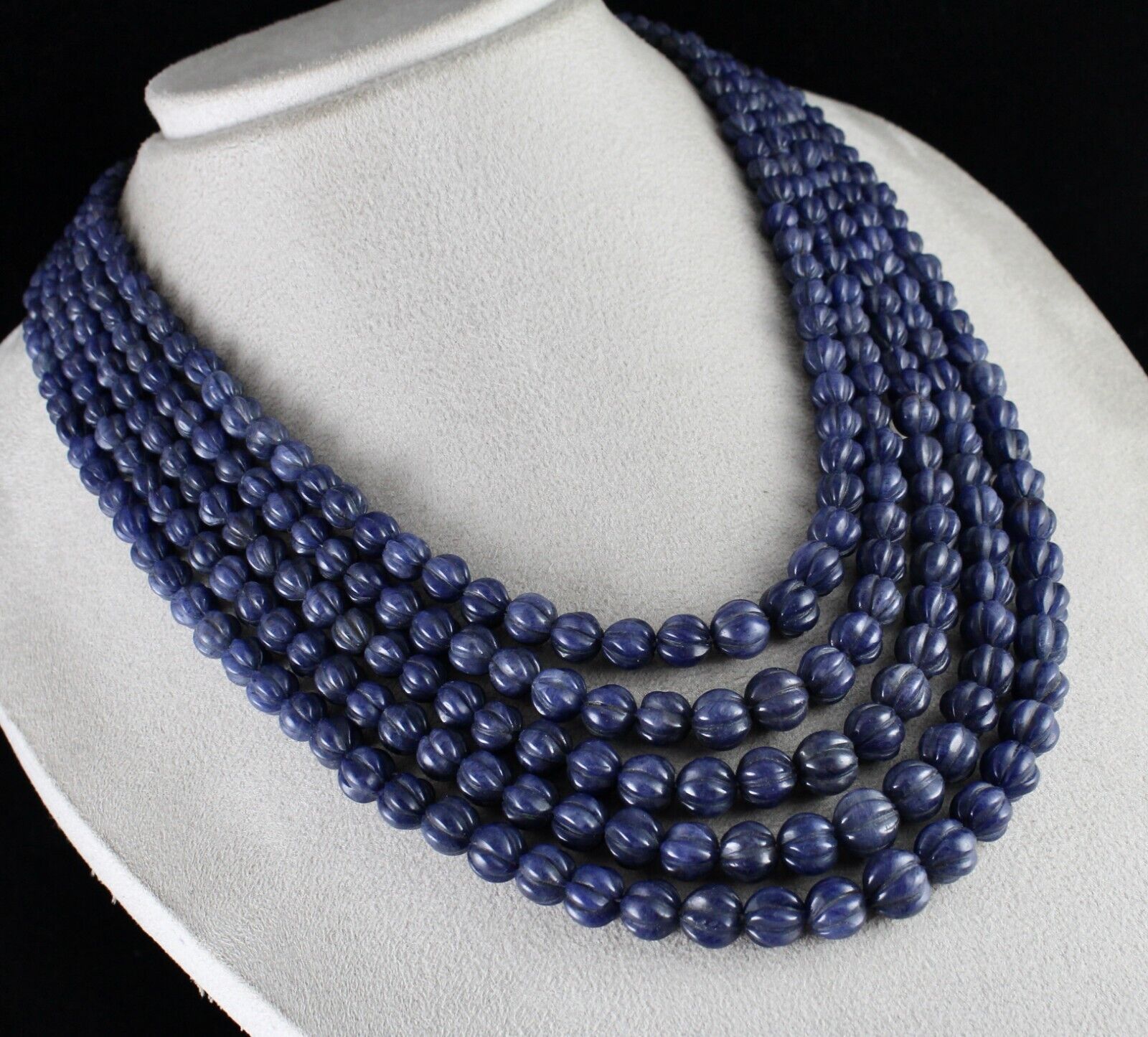 NATURAL BLUE JADE BEADS CARVED ROUND GEMSTONE 5 LINE 977 CTS FASHION NECKLACE