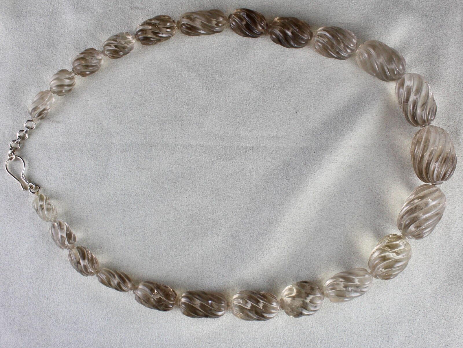 BIG NATURAL SMOKY QUARTZ BEADS CARVED OVAL 1195 CT GEMSTONE SILVER NECKLACE