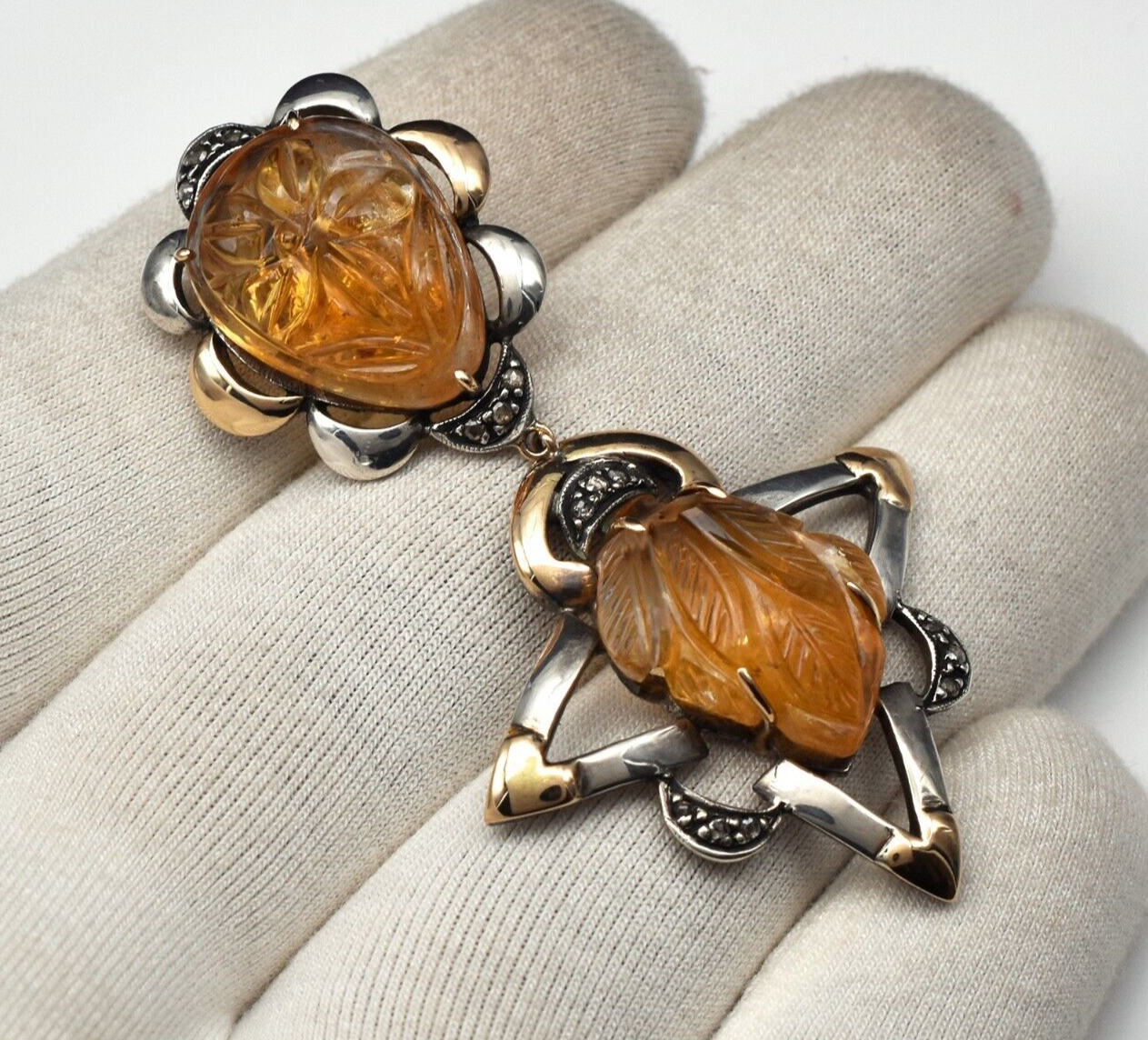 Vintage Yellow Citrine 72.5ct Natural Diamond 18k Gold Sterling Silver Pendant