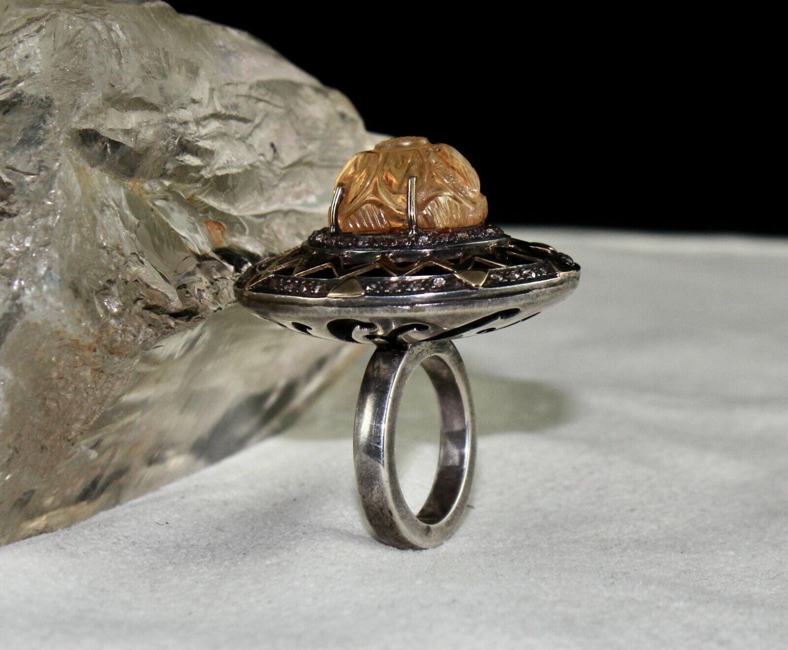Antique Yellow Citrine Carved Diamond 18k Gold 925 Silver Ladies Victorian Ring
