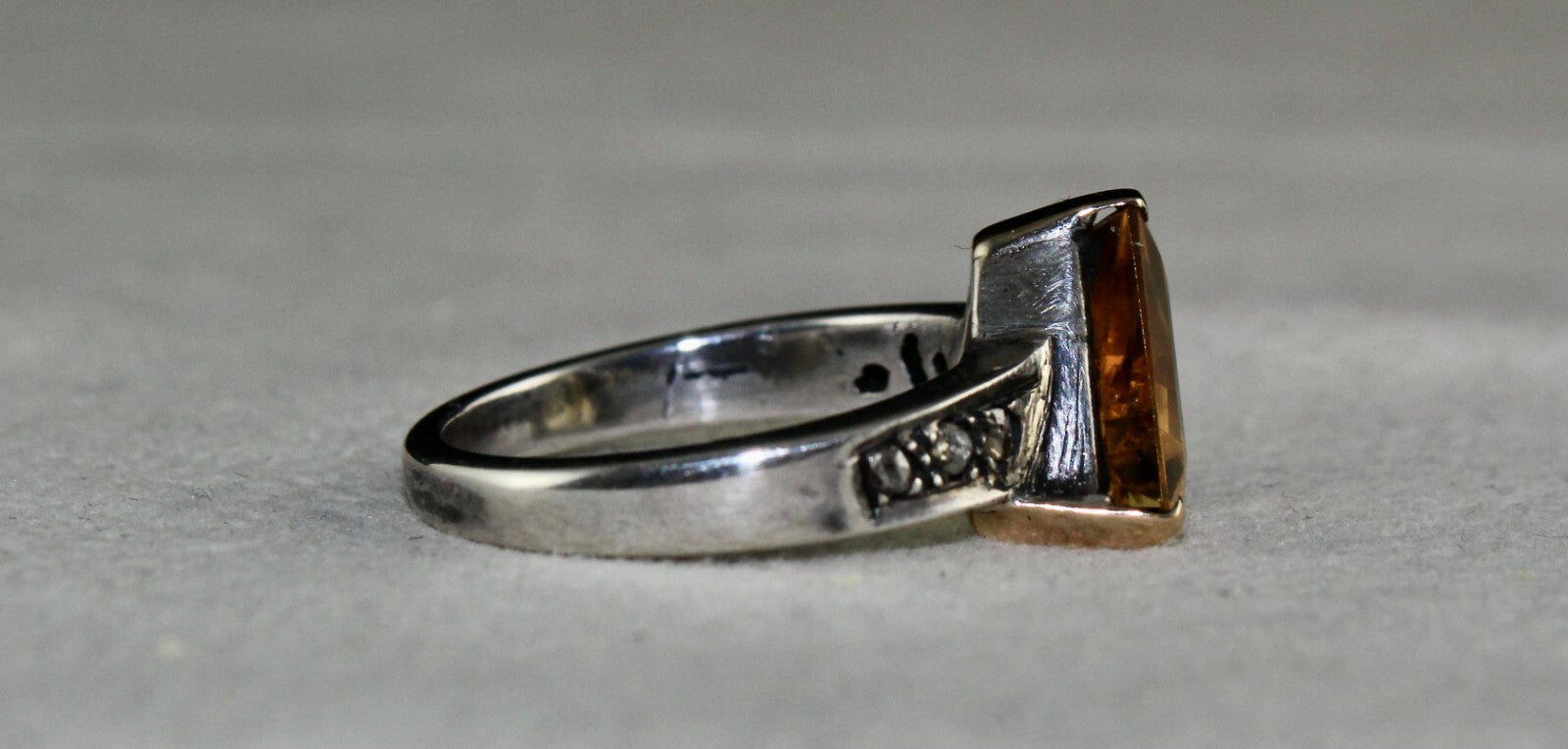 Vintage Natural Yellow Citrine 10ct Oval Natural Diamond 18k Gold Silver Ring