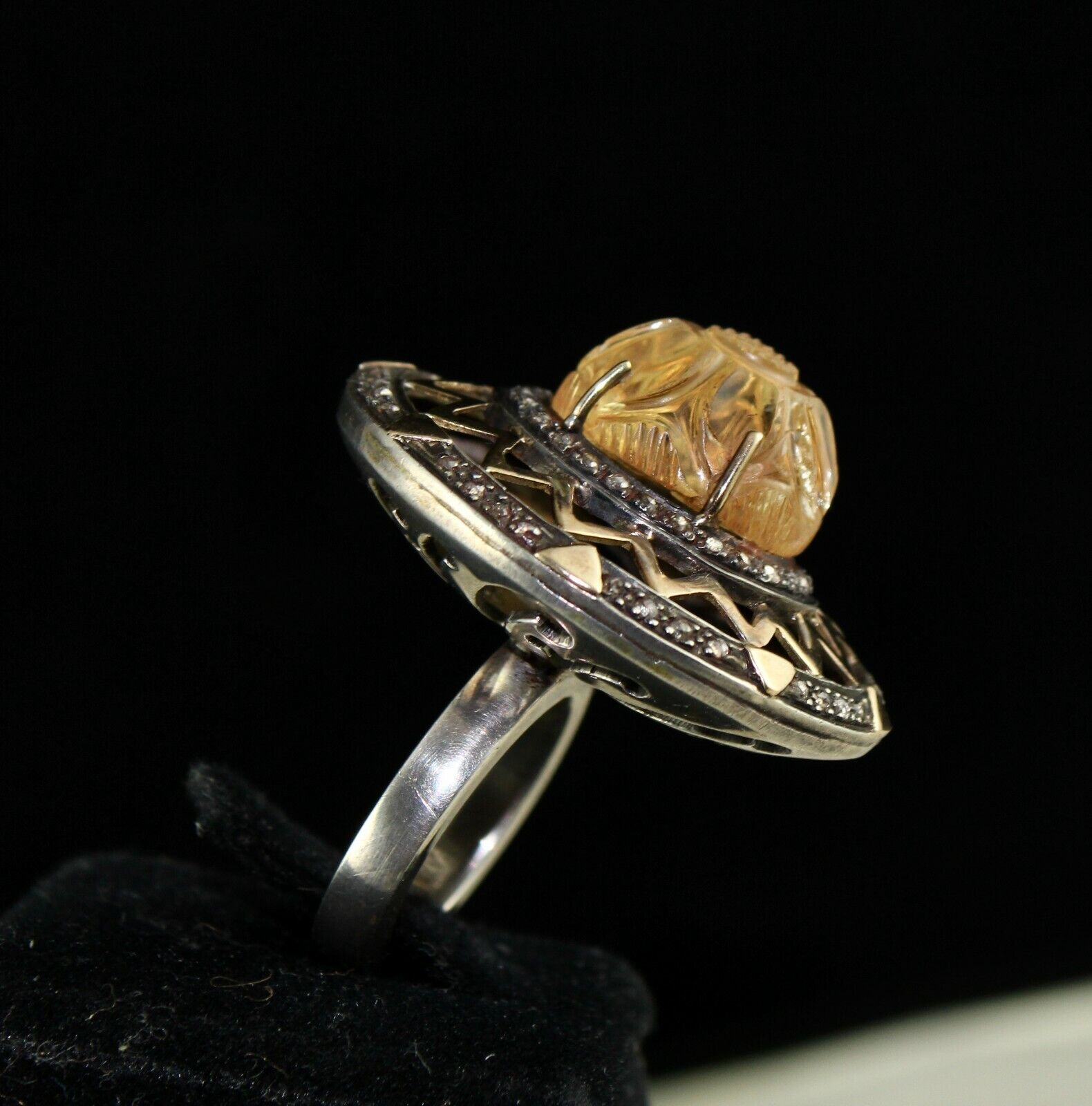 Antique Yellow Citrine Carved Diamond 18k Gold 925 Silver Ladies Victorian Ring