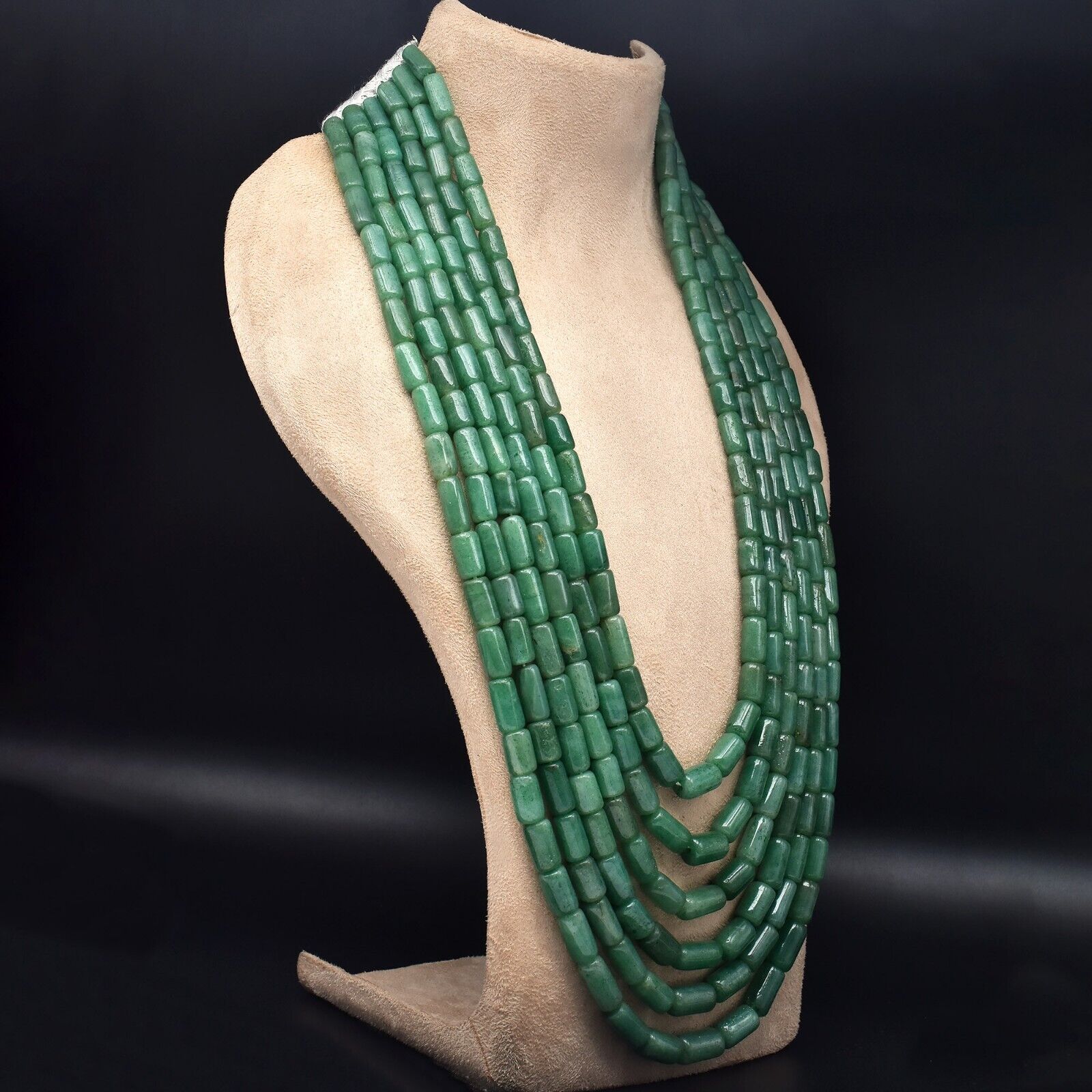 Natural Green Quartz Aventurine Tube beads Necklace 6 L 1774 Ct Vintage Gemstone