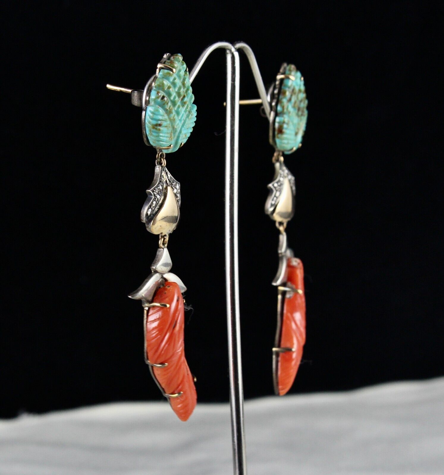 NATURAL TURQUOISE CORAL CARVED DIAMOND 18K GOLD 925 SILVER VICTORIAN EARRING