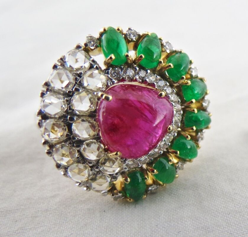 Natural Burma Ruby Zambia Emerald Cabochon White Diamond 18K Gold Statement Ring