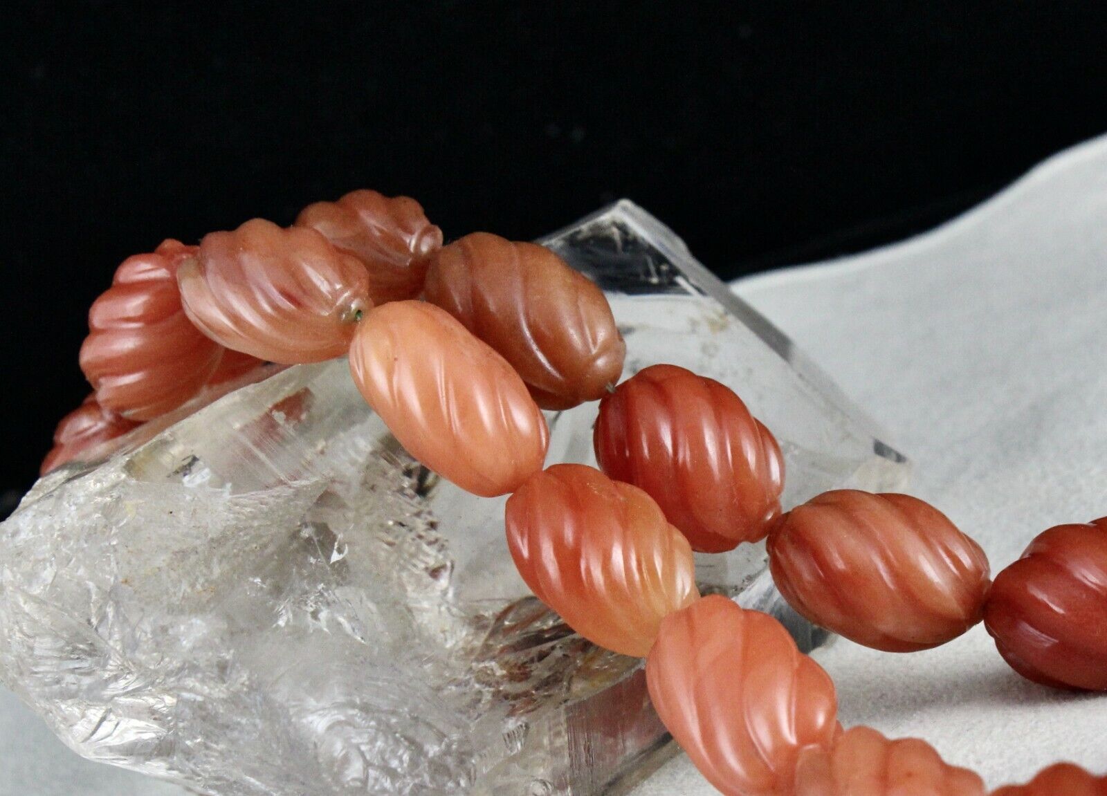 NATURAL ORANGE QUARTZ MELON CARVED BEADS 1 L 856 CARATS GEMSTONE SILVER NECKLACE