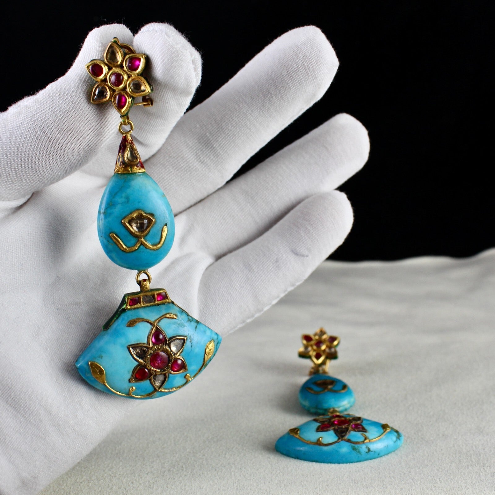 Certified Antique Natural Diamond Ruby 22k Gold Dangle Earrings 10ct For Women