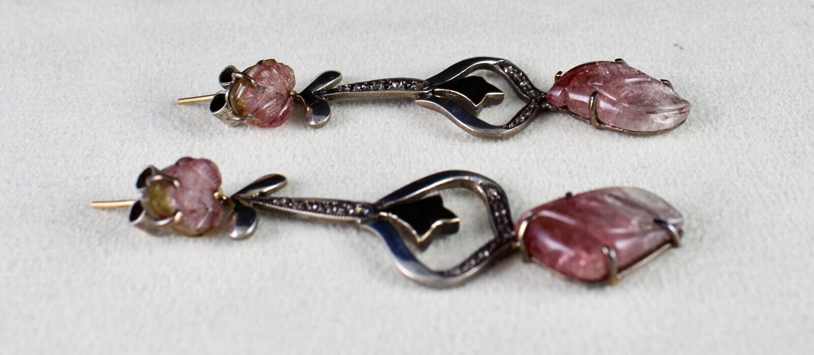 Natural Multi Tourmaline Carved Diamond 18K Gold Silver Victorian Fine Earring