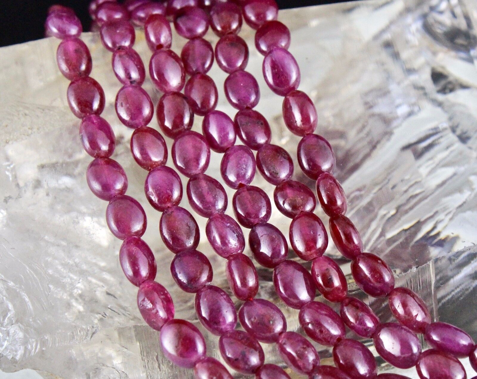 NATURAL UNTREATED RUBY BEADS LONG CABOCHON 3 LINE 318 CTS GEMSTONE NECKLACE