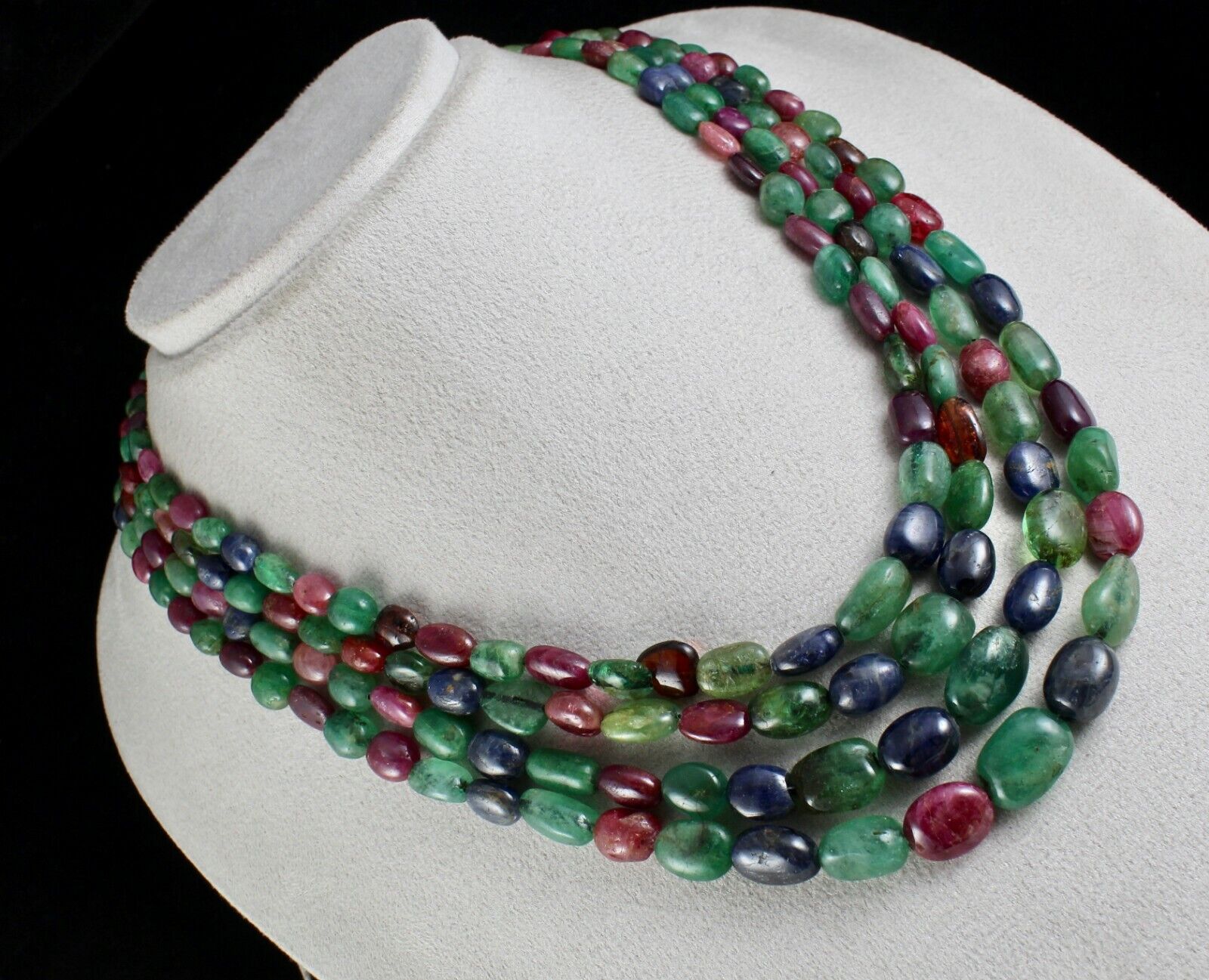 Natural Emerald Ruby Blue Sapphire Beads 4L 886 Ct Old Gemstone Antique Necklace