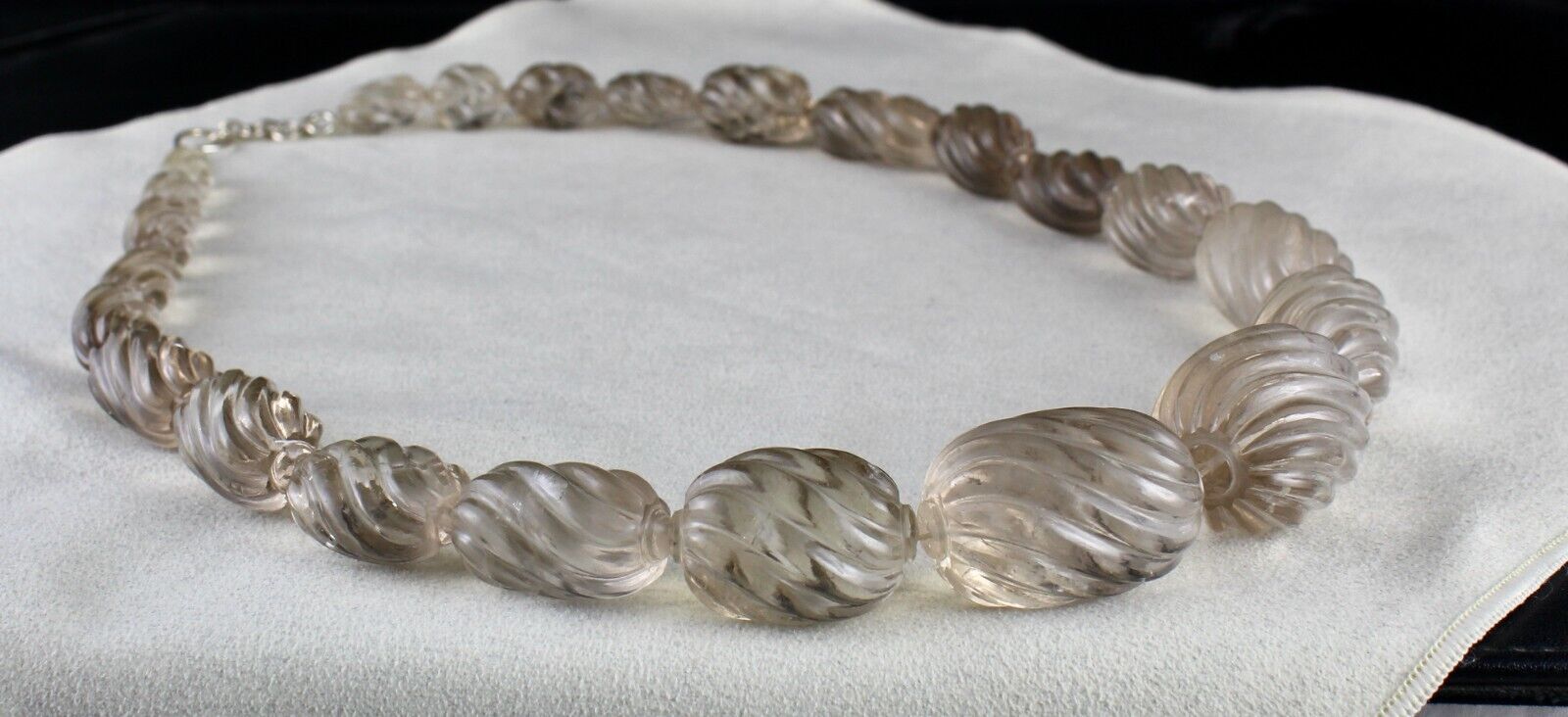 BIG NATURAL SMOKY QUARTZ BEADS CARVED OVAL 1195 CT GEMSTONE SILVER NECKLACE